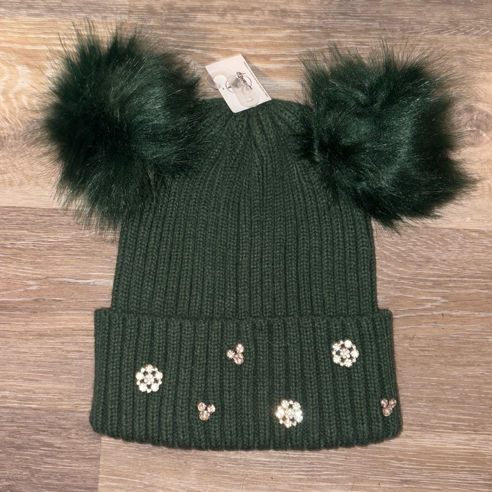 dark green disney puffball beanie